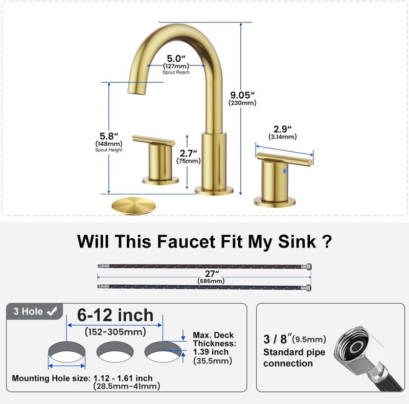 Hurran Bathroom Faucets for 3 Hole Sinks, 8 Inch Brushed Gold Double Handle Bathroom Sink Faucet with 360° Rotating Spout & Pop-Up Drain, Widespread Faucet Suitable for Vanity, RV & Outdoor Sinks - Image 5